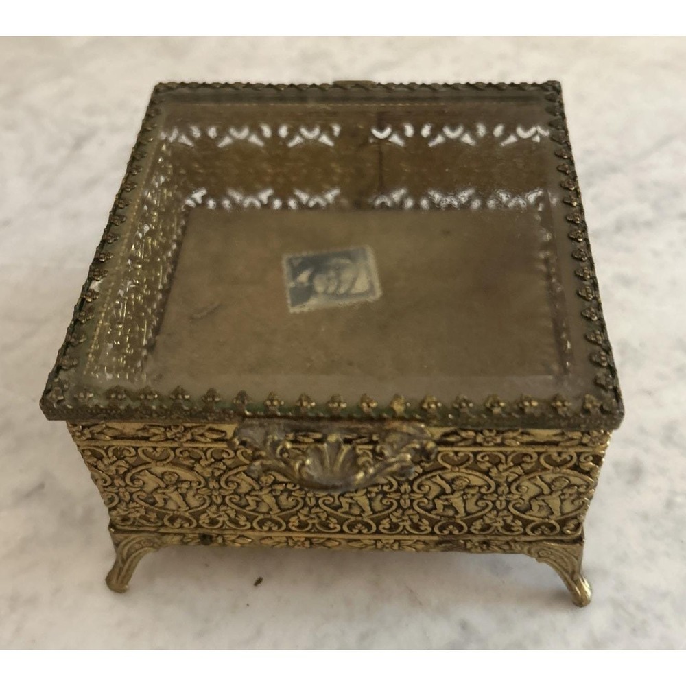 Vintage Jewelry Box Golden Filigree Beveled Glass Footed Full Of Crystal 5×6.5in